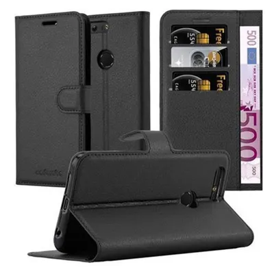 A black leather phone case with card slots and a stand function, shown in multiple configurations.