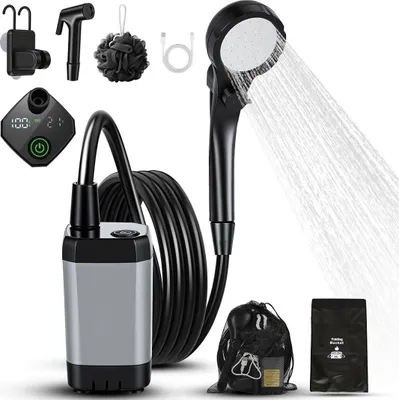 Produktbild von Izrielar Tragbare Campingdusche, Gartendusche mit 20L Falt-Eimer, Temperaturanzeige, Duschkopf und 2 m Schlauch, Waschen des Autos, Strand, Camping, Haustier