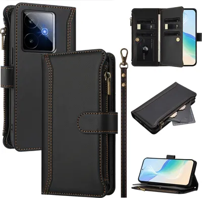 Image de Étui pour Realme GT 7, zippé, étui portefeuille en cuirPolyuréthaneavec poches pour cartes, support et boucle pour les mains noir