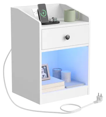 Nachttisch mit Ladestation & LED-Licht, 1 Schublade, Weiß