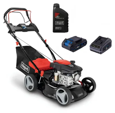 Produktbild von Scheppach Benzin-Rasenmäher RM420AE | 3,5 PS | Radantrieb | 42 cm | Hybrid-Start | 45 L | 7 Höhen | 2 Ah Akku-Starterset | mit Öl