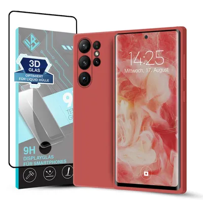 Produktbild von Hülle für Samsung Galaxy S23 Ultra mit 9H Displayglas Displayschutz Case Cover Bumper Smartphone Softgrip Schutzhülle Farbe: Rot