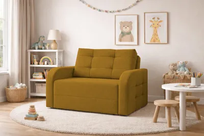 Produktbild von MOEBLO Kindersofa PORTO 120 – Schlafsessel Sofa Sessel Jugendsofa Schlafsofa 2-Sitzer Gästebett mit Schlaffunktion und Bettkasten - Gelb (BRAGI 68)