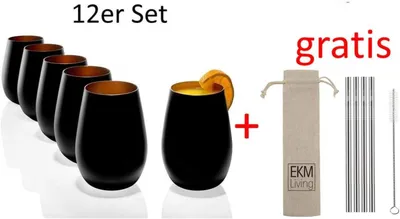 Obrázek produktu pro Stölzle Lausitz Tumbler Sada 12 sklenic na vodu o objemu 465 ml v matně černé a bronzové barvě 3520012 + sada 4 brček z nerezové oceli EKM Living