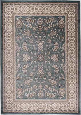 A top-down view of a rectangular rug with a classic floral pattern.