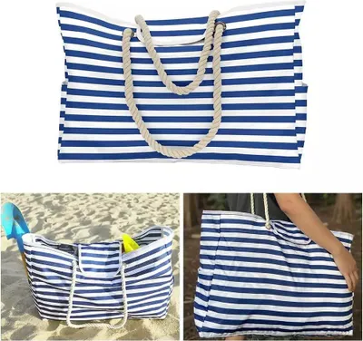 Produktbild von Strandtasche, Schultertasche aus Segeltuch, groß, Urlaubsstreifenmuster, Sommer-Einkaufstasche