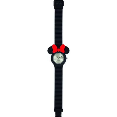 A black watch with a Minnie Mouse design.