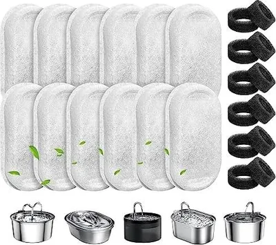 Produktbild von Katzenbrunnen Filter, 24 Stück Ersatzfilter Für Trinkbrunnen, 12 Stück Kohlefilter Und 12 Stück Schaumfilter, Wasserfilter Passend für 2L/3.2L/4L Edelstahl Trinkbrunnen Für Katzen Und Hunde