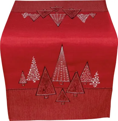 Produktbild von 40x90 cm Tischläufer rot edel gestickte Tannenbäume für Weihnachten