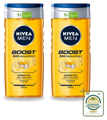 Immagine prodotto di 2 confezioni di gel doccia NIVEA MEN Boost, 250 ml ciascuna, confezione risparmio, 2 pezzi