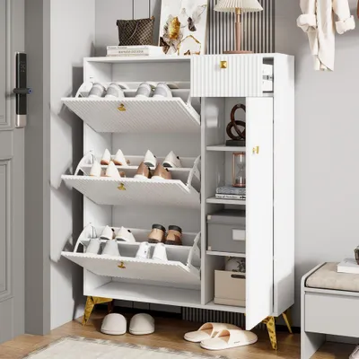 Image de Armoire à chaussures avec 3 portes, 1 tiroir et 1 porte, étagère à chaussures, meuble à chaussures étroit, armoire à chaussures blanche. Dimensions : hauteur 121 cm / largeur 90 cm / profondeur 25 cm