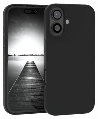 A black phone case is shown with a phone inside, displaying a black and white image of a pier.