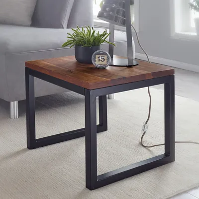 Zdjęcie produktu dla FineBuy Stolik boczny 45x40x45 cm Drewno Sheesham / Metal Stolik do salonu Styl industrialny Designerski drewniany stolik do salonu Mały stolik kawowy