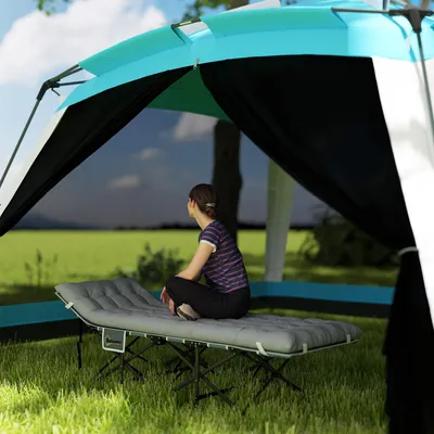 Produktbild von Feldbett faltbar Campingbett mit Matratze Kopfkissen Seitentasche 185 x 68 x 37 cm bis 150 kg Hellgrau Metall