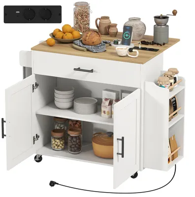 Produktbild von SUGIFT Küchenwagen klappbare Arbeitsplatte, Kücheninsel auf Rollen, Spanplatte, Weiß | | bis 100 kg | 120x68x85 cm