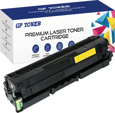 A yellow toner cartridge and its packaging are shown against a white background.