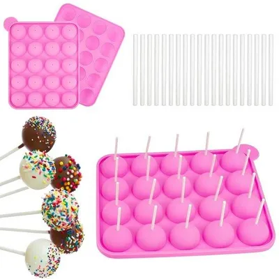 Produktbild von Formen für Cake Pops, 20 Stück, rund, aus Silikon – Cake Pop Maker – Lollipop-Stiele – Antihaftbeschichtung – Rosa – Temperaturbereich – Wiederverwendbar