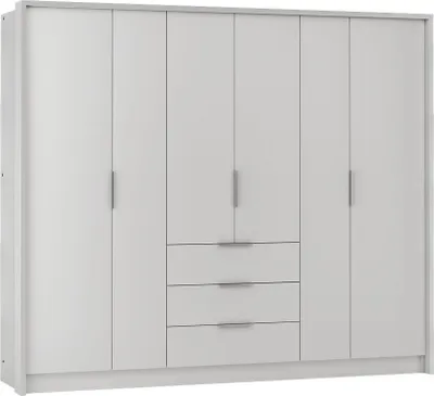 Produktbild von Furniture24 Kleiderschrank Bangkok 255 Schlafzimmer 6 Türiger Drehtürenschrank 3 Schubkästen Schrank 3 Kleiderstangen 5 Einlegeboden Weiß