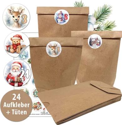 A collection of brown paper bags and circular stickers with Christmas-themed illustrations and numbers, arranged on a white background with some greenery.