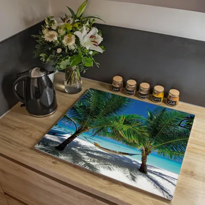 Produktbild von banjado Herdabdeckplatte einteilig 60,x52cm groß mit Gummi Abstandshalter, ESG Sicherheitsglas mit Motiv Strand [HAP1 10027]