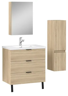 Image de Acezanble Ensemble Meuble salle de Bain Chêne Suspendu avec Vasque, 79cm, 3 Tiroirs + miroir de rangement + colonne 110cm
