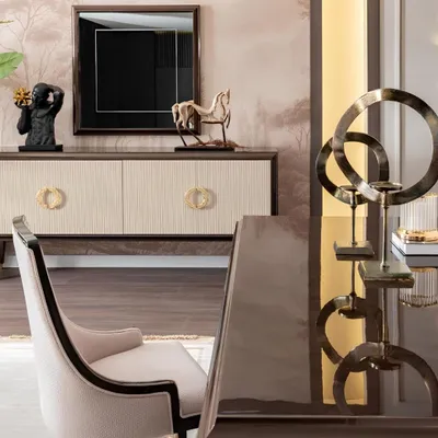 Produktbild von Esszimmer Set: Tisch, 6 Stühle, Sideboard & Spiegel – stilvoll & modern