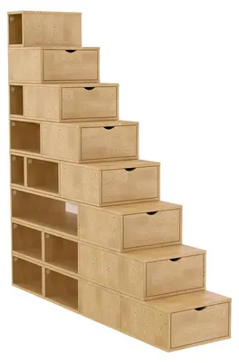 Produktbild von Treppenregal aus Holz 50x25x200 cm mit variablen Aufbewahrungswürfeln, 120 kg Tragkraft