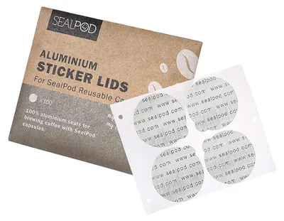 Obrázek produktu pro Hliníková víčka s nálepkou pro opakovaně použitelné kapsle Sealpod Nespresso, 100 ks.