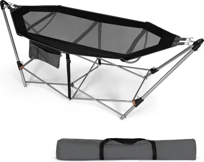Produktbild von GOPLUS Hängematte mit klappbarem Gestell, Hängemattengestell bis 150kg Belastbar, tragbar mit Seitentasche & Tragetasche, Camping Terrasse Garten