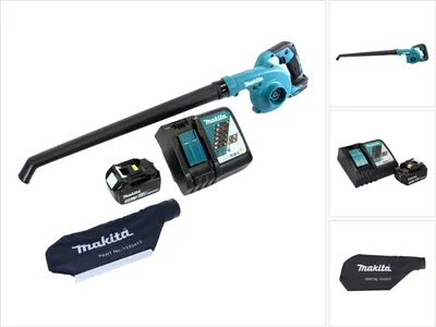 A cordless leaf blower with its accessories, including a battery, charger, and collection bag, laid out on a white background.