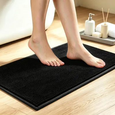 Produktbild von Chenille Badezimmerteppich rutschfest 60x40cm Schwarz Saugfähig Schnelltrocknend Maschinenwaschbar