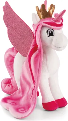 A plush toy unicorn with pink mane and wings, wearing a gold crown.