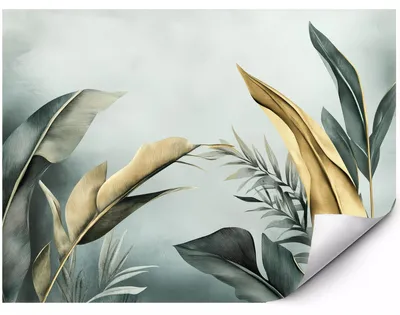 Produktbild von Fototapete Für Die Wand Goldene tropische Blätter vor nebligem Hintergrund für Wohnzimmer Schlafzimmer Büro 300x210 cm