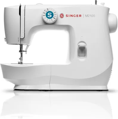 A white Singer sewing machine is shown from the front, with a reflection on a white surface.