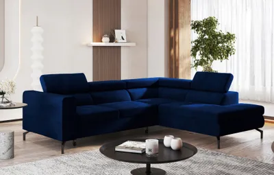 Produktbild von Easy4You Marineblau Ecksofa Balsta Velours in L-Form 264 x 73 x 203 cm mit Schlaffunktion und Bettzeugbehälter - Schlafsofa mit Bettkasten Links oder rechts - Eckcouch mit Stauraum - Stoff: Monolith 77
