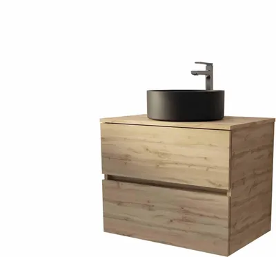 Image de Meuble de salle de bains suspendu 70cm TIMBERReproduction Chêne 2 tiroirs Vasque noire à poser
