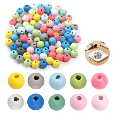 Image de Perles en bois - 300 pièces - Pour la création de bijoux et l'activité de perlage - De couleurs variées - 10 mm