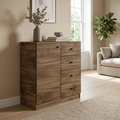 Produktbild von Masseno Kommode NESTOS 80 cm Sideboard mit 4 Schubladen und 1 Türen für Wohnzimmer Schlafzimmer Modern 80x40x87 cm Braun