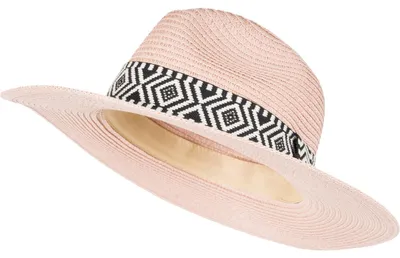 Produktbild von styleBREAKER Damen Panama Sonnenhut Einfarbig mit Stoff Hutband mit Azteken Muster, Strohhut, Schlapphut, Sommerhut, Fedora Hut 04025046