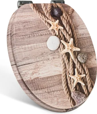 A toilet seat with a wood-grain pattern, decorated with a rope, starfish, and shells.
