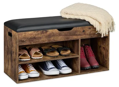 Sitzbank mit Schuhregal, 3 Fächer, 46x80x30 cm, braun/schwarz