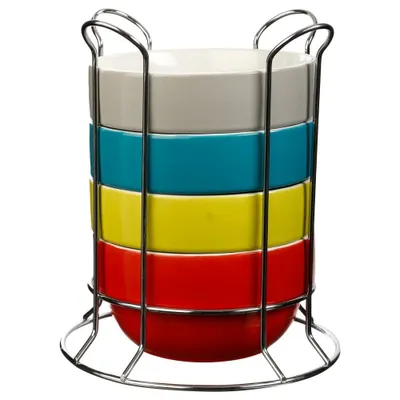 A stack of five colorful bowls in a metal rack.