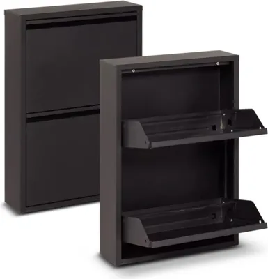 Two black metal shoe cabinets are shown against a white background. One cabinet is closed and in the background, while the other is open and in the foreground, revealing two shelves.