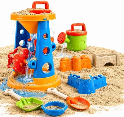 Produktbild von TK Gruppe Timo Klingler Sandspielzeug Set - Sandkastenspielzeug - mit Diversen Formen, Sieben, Rechen, Schaufel für Sandkasten & Sandförmchen für Jungen & Mädchen (9 Teilig mit Mühle)