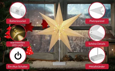 Immagine prodotto di Stella di carta LED con supporto, 60 cm, alimentata a batteria