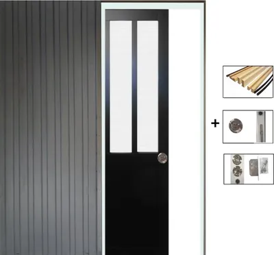 Image de Porte Coulissant Atelier Noir vitre depoli H204 x L73 + Systeme de Galandage et kit finition inclus (serrure)