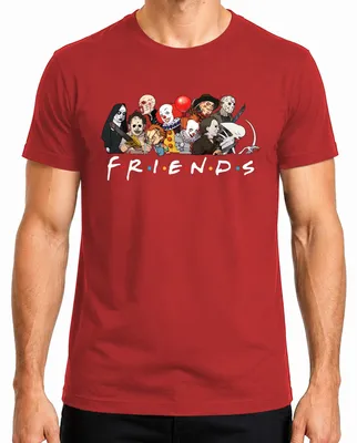 Imagen del producto de Camiseta para hombre con los personajes de terror: Pennywise, Chucky, Michael Myers, Jason Voorhees, Freddy Krueger. Color: rojo. Talla: M