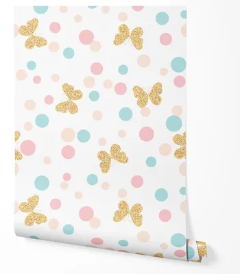 Produktbild von Selbstklebende Tapete Möbelfolie Kinder Schmetterlinge Gold Punkte Pastell Rosa Mint Elegantes Muster Glam Design Wandtapete Mädchenzimmer Babyzimmer 2,5m x 0,5m