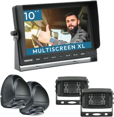 Produktbild von 10" Rückfahrkamera Set RUNDUMBLICK | mit 2 x Schwerlast-Kamera 120° & 2 x Seitenblickkamera 150° RVS-24521