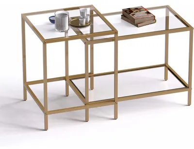 Immagine prodotto di Set di due tavolini quadrati in vetro dorato, dimensioni 60/40 cm